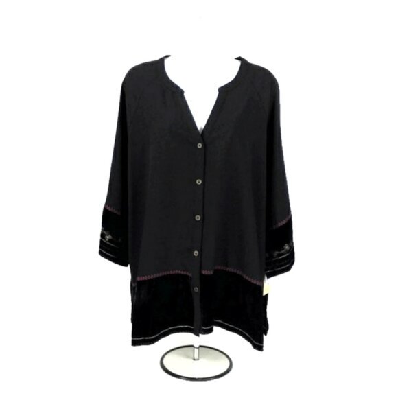 Democracy Black Button Front 3/4 Sleeve Mixed Media Embroidered Top Womens L NWT - Picture 10 of 10